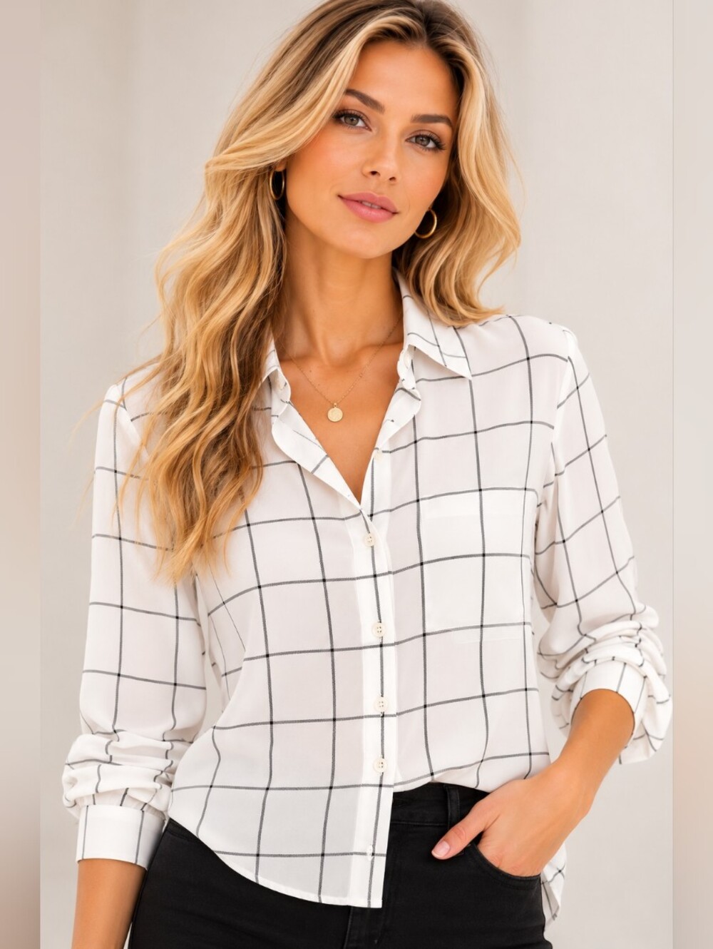 Banana Republic White Black Windowpane Plaid Button Down Shirt XS